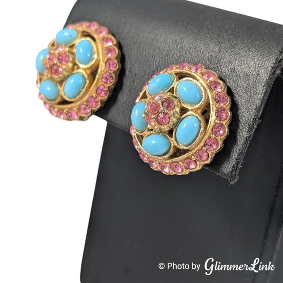 Vintage Pink Rhinestone Blue Cabochon Round Gold Tone Clip On Earrings - Picture 4 of 11